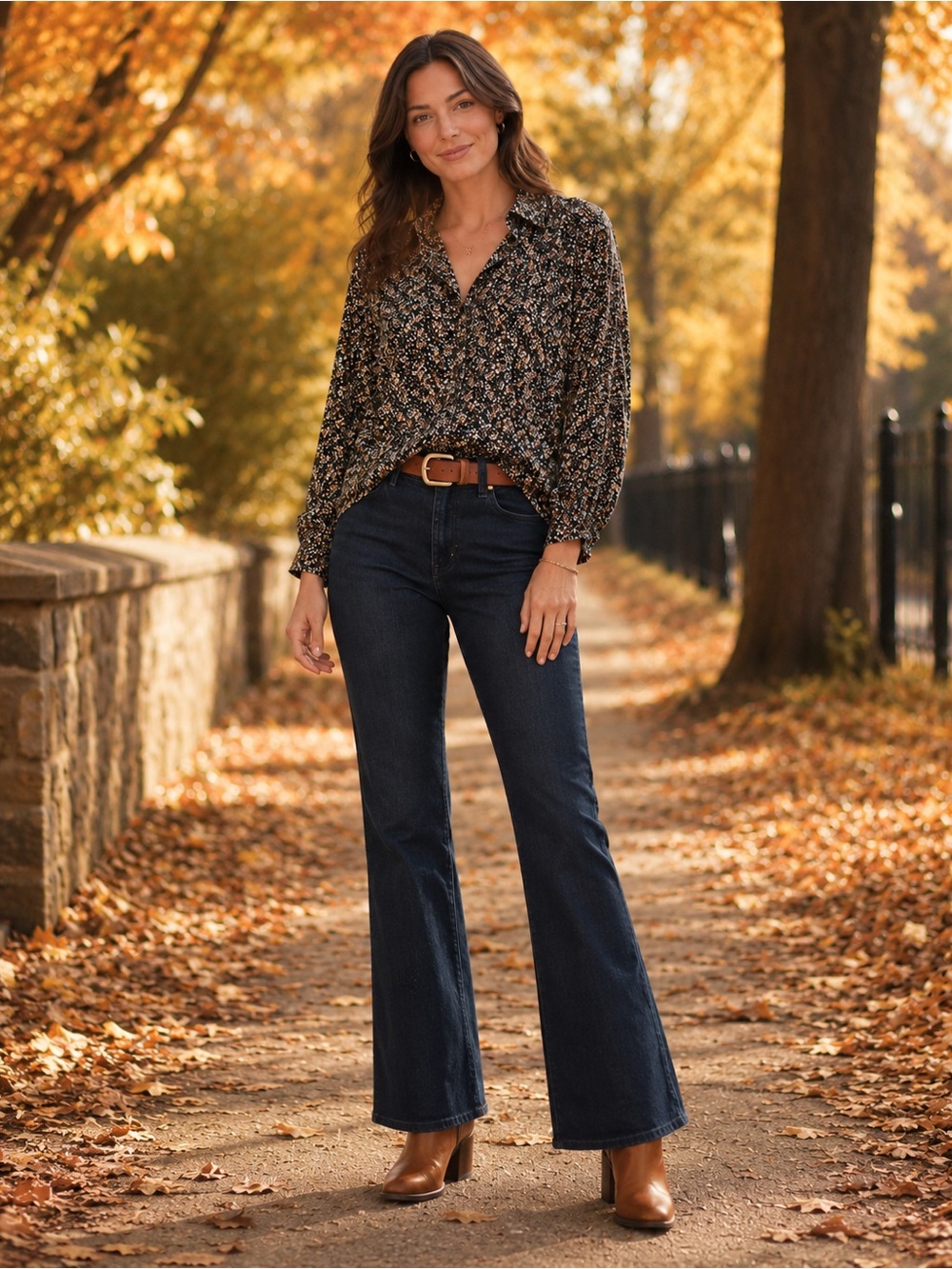 Olivia Grey Small Black Ditsy Floral Button Down Blouse Fall Boho